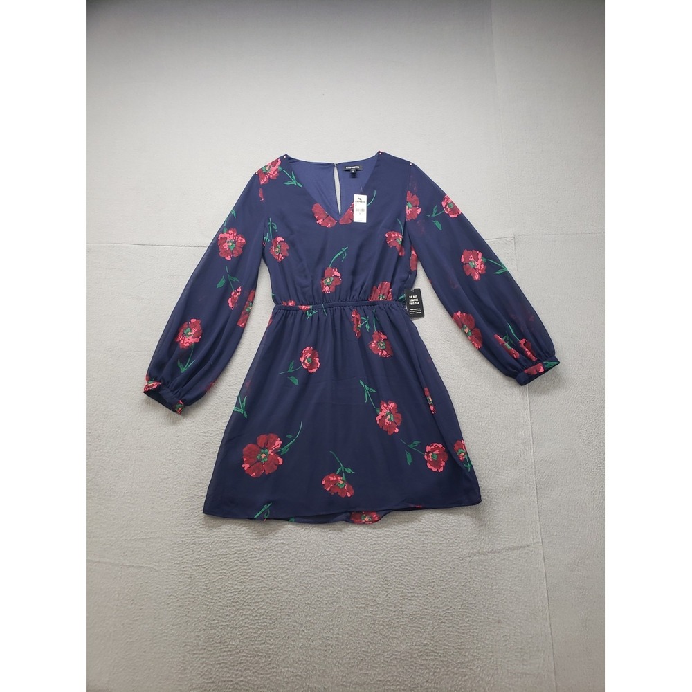 Express Women Dress XS Multicolor Floral V Neck Tie Waist Long Sleeve Outdoor‎